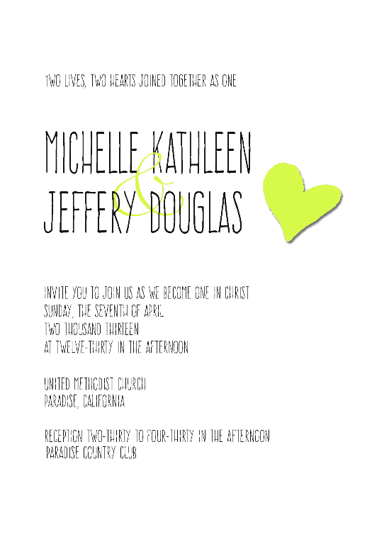 Heart Wedding Invitation and Reply Card - www.michellejdesigns.com - Perfect for the modern, casual bride/couple.  Choose colors and wording to fit your DIY Wedding